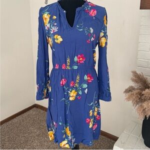 Blue Floral Long-Sleeve Midi Dress